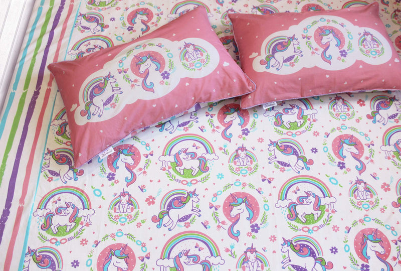 Silverlinen Unicorn and Rainbows 100% Cotton 250 TC Double Bedsheet for Kids Room for Girls with Two Pillow Covers - Multicolour