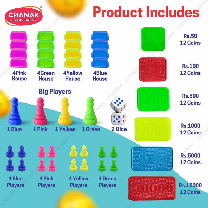 Chanak Business Game Board with Plastic Coins, 5 Fun Board Games in 1 for Kids & Adults Above 3 Years Includes Business, Ludo, Snakes & Ladders, Cricket and Treasure Island, BIS Approved