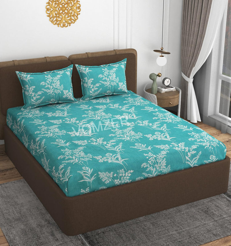 VOMZER 320 TC Cotton Feel All Around Elastic Fitted Bedsheets King Size, Premium Fitted Bedsheets King Size for Double Bed with 2 Pillow Covers, Size- 78” x 72” (Aqua Lily)