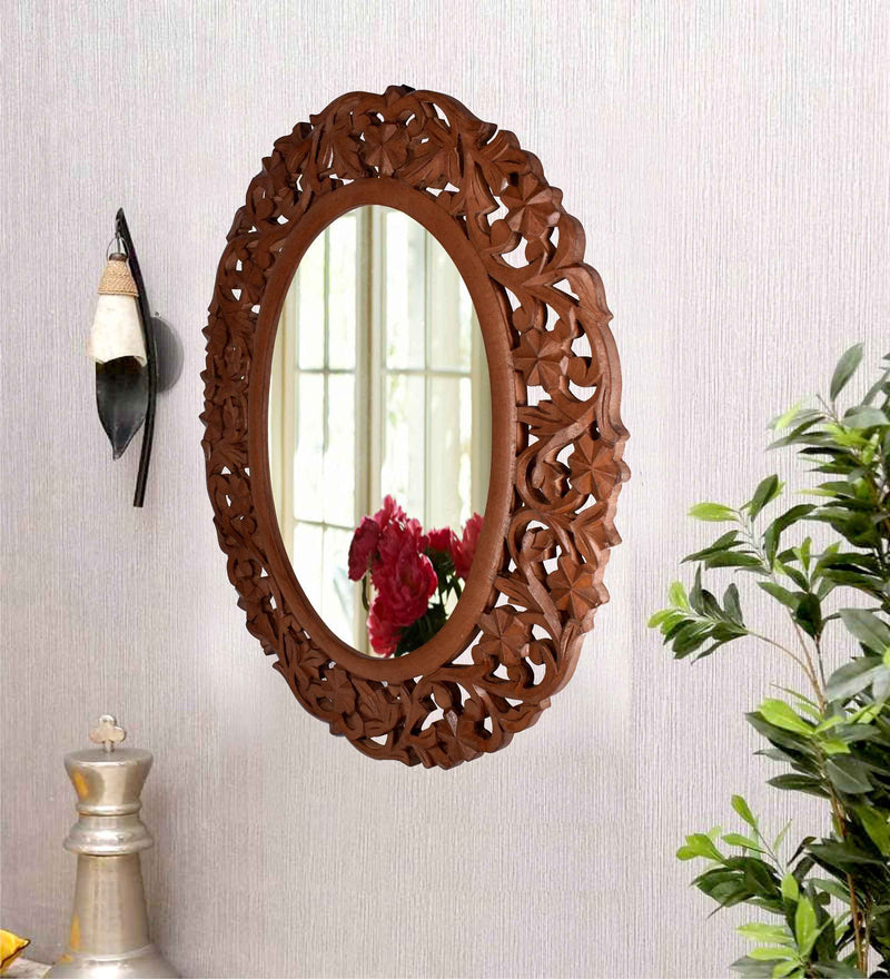 The Wood Rays Handcrafted Decorative Wooden Wall Mirror 20X24 (Beautiful Oval Shape Design) Natural