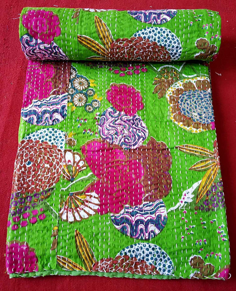 Textile Work Creations Handmade Kantha Quilt Home Decor Multi-Colour 90 x 108 Inch Queen Kantha Quilt