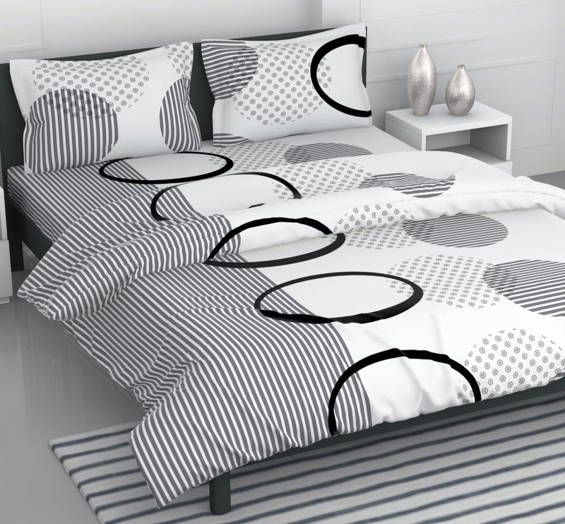 LORETO – A QUALITY LINEN BRAND 100% Cotton Bedsheet for Double Bed with Two Pillow Covers - White & Grey, Geometric Design, Soft & Breathable Fabric