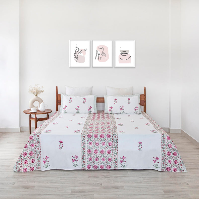 HOMEMONDE 108x108 Inches Hand Block Print Bedsheet King Size Soft and Cotton with 2 Pillow Covers Comfy Luxury Bedding, Pink