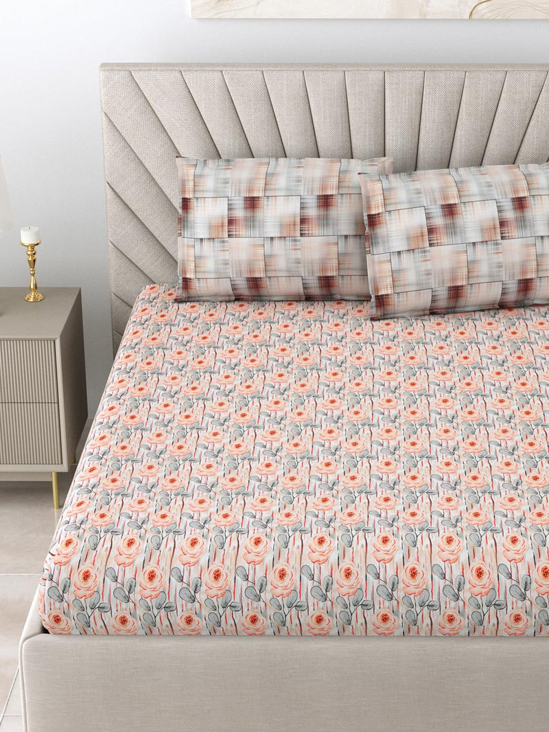 Salona Bichona Peach Floral Printed Cotton 300 Tc King Size Bedsheet with 2 Pillow Covers