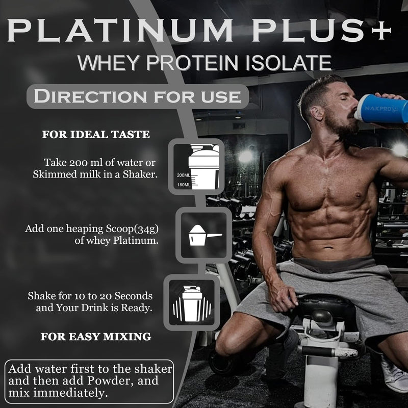 NAKPRO Platinum Plus+ Whey Protein Isolate with Digestive Enzymes | 28g Protein, 6.36g BCAA |Added Vitamins & Minerals (Vanilla, 1 Kg)