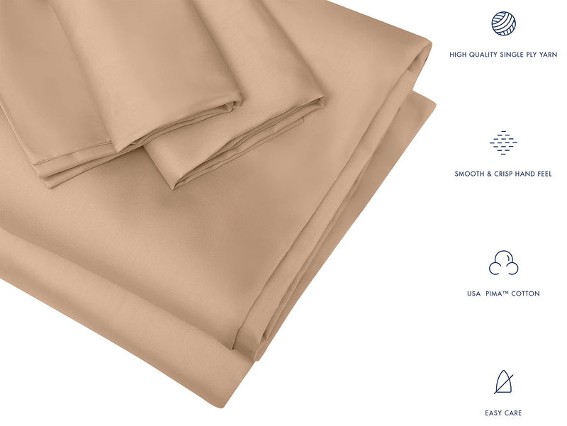 Classic Luxury USA Pima Cotton Sateen 4 Piece Bed Sheet Set - 100% USA Pima Cotton - Ultra Soft & Silky, Smooth Finish Plush Sheets (Tan, Queen)