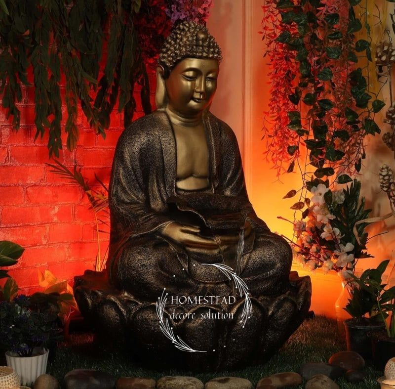 TENDENCE DECOR Garden Fountain with LED Light, Buddha Statue, Decorative Water Feature, Buddha Kamal Fountain 3 FEET | Home Decor Fountain fiber