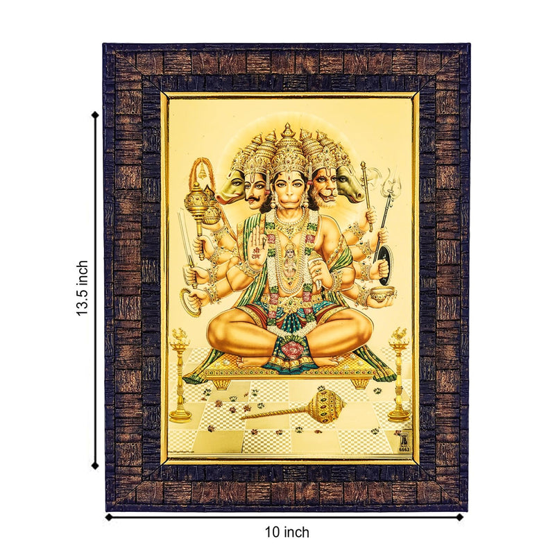 Hawai Panchmukhi Hanuman Bajrangbali Religious Gold Plated Engineered Wood Wall Hanging Photo frame 14x10 inch BLKFRM448