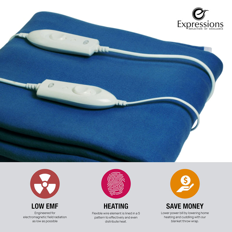 Expressions Polar Electric Bed Warmer - Electric Under Blanket - Single Bed Size (150cms x 80cms) with 3 Heat Settings & Dual Safety Feature with Over Heat Protection - Color: Dark Blue