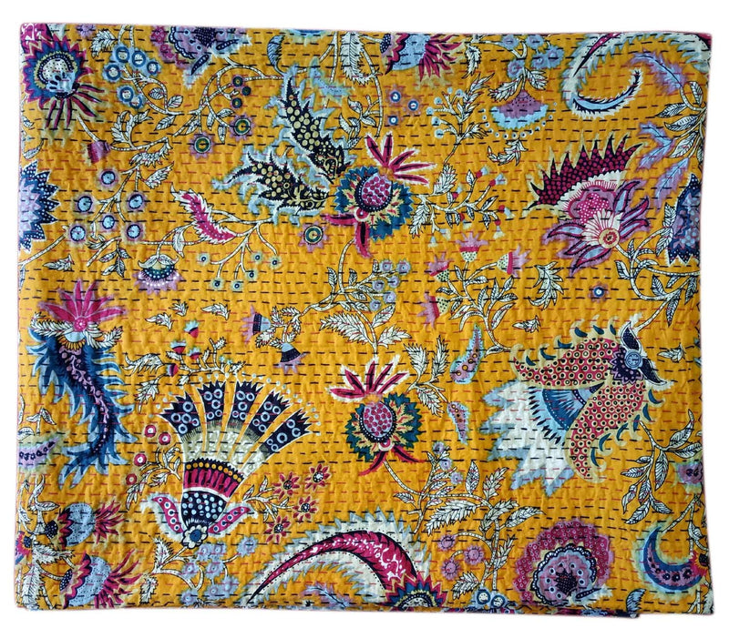 Kirti Textile and Handicraft Jaipuri Kantha Quilt Bird Print Handmade Cotton Bedsheet/Blanket Throw, Multicolour