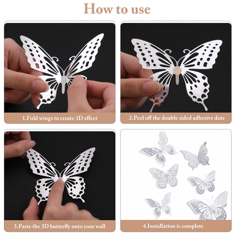 Liv'Oliv 12 Pcs 3D Metal Butterfly Wall Stickers for Home Decor (Silver)