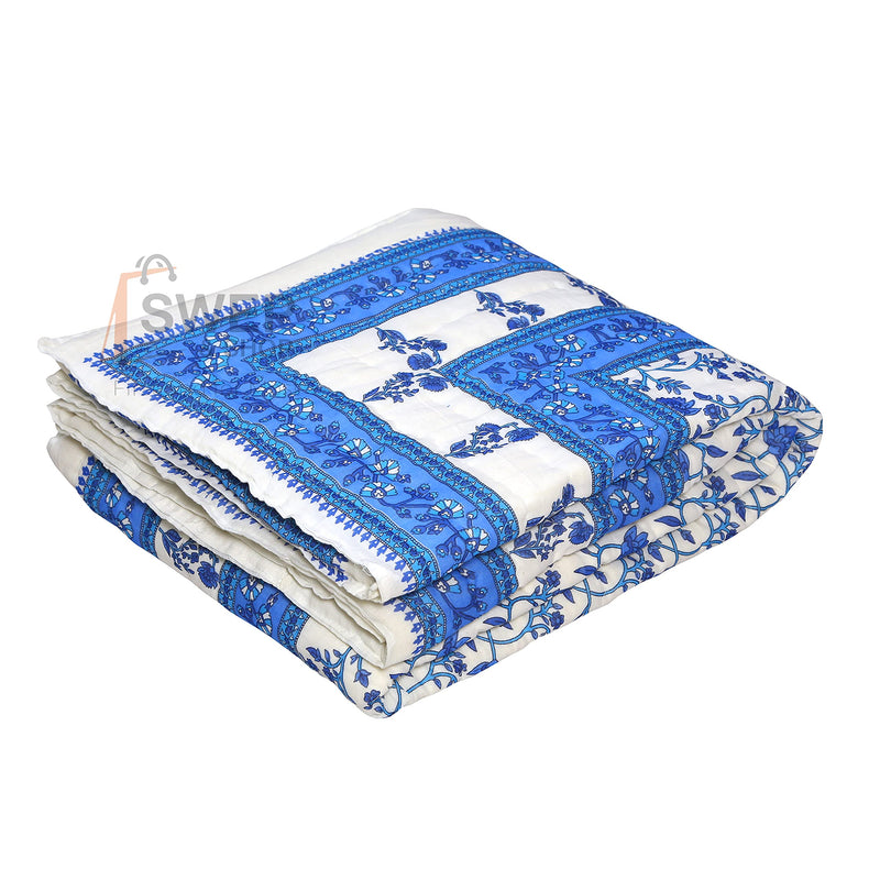 Namaste India World Famous Light Weight Cotton Reversible Floral Print Single Bed Razai (Blue and White)