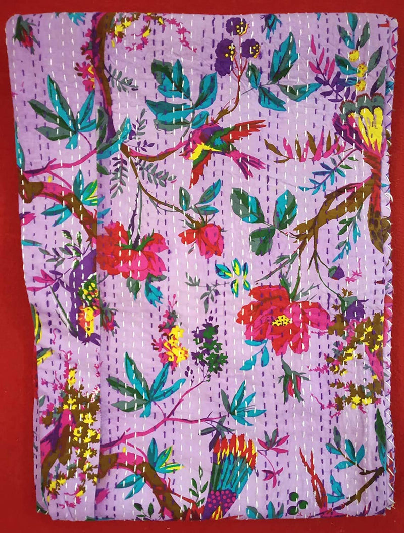 Textile Work Creation TI AMO Bird Print Kantha Quilt Handmade Kantha Quilt Home Decor Multi Colour 90 x 108 Inch Queen Quilt