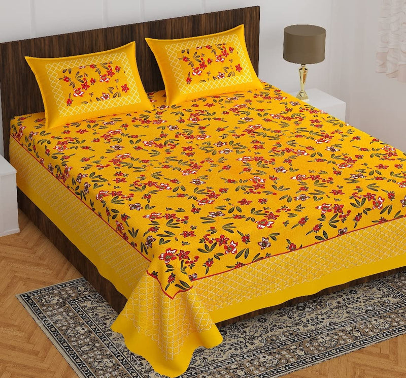 BedZone Cotton Rajasthani Jaipuri Tradition Floral King Size Double Bed Bedsheet with 2 Pillow Covers (B-Yellow)