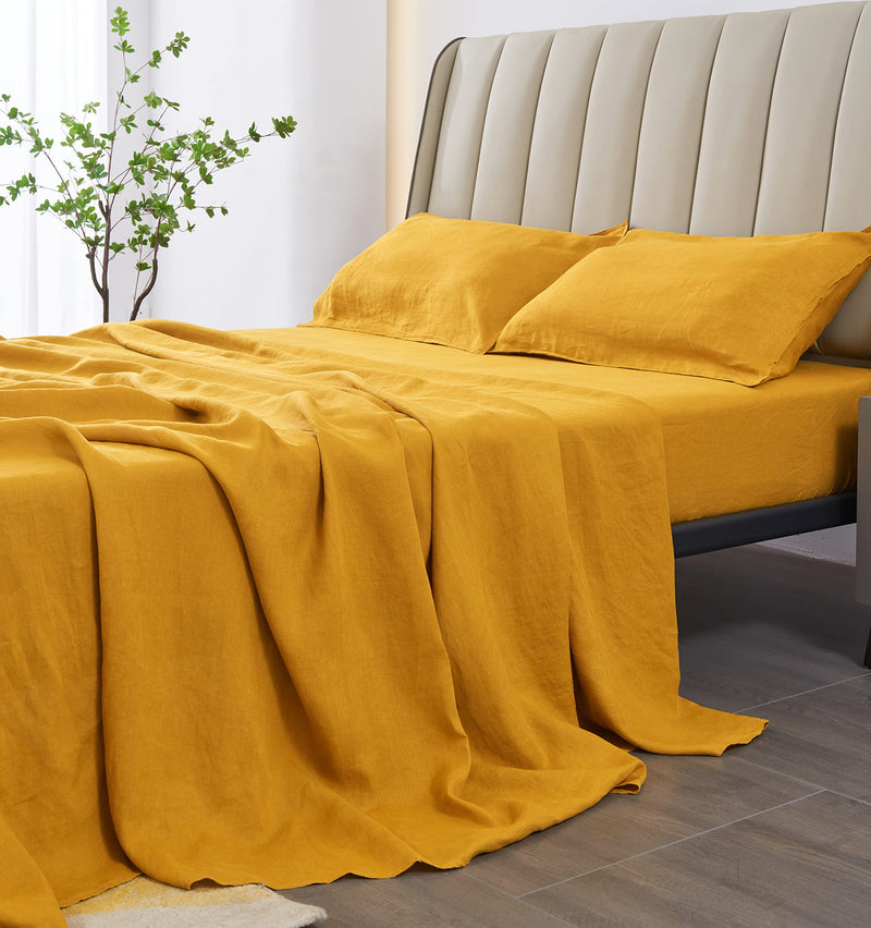 S VICTORY SYMBOL 100% French Natural Pure Linen Bedding Sheet Set Ultra Soft Durable Luxurious Stone Washed 4 Pieces Sheets Set(Yellow,California King)