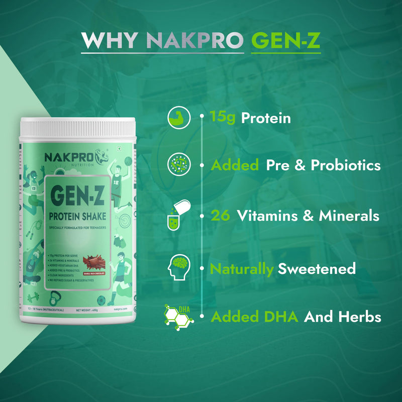 NAKPRO Gen-Z Protein Shake Specially Formulated for Teenagers | Protein Blend of WPC, WPI & Casein (400g, Double Rich Chocolate)