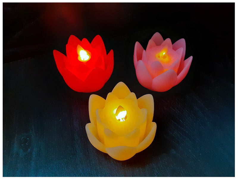 AFTERSTITCH Lotus Flower shape LED candles Lights diya for home decoration (Pack of 3) (Batteries Included) with flickering & blinking effects