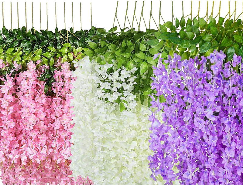 SVDK Pack of 12 Piece Artificial Vine Fake Pink, Purple & White Wisteria Hanging Garland Long Hanging Bush Flowers, String Home, Party Decor (4-Pink, 4-Purple, 4-White) - 45.00 Cm