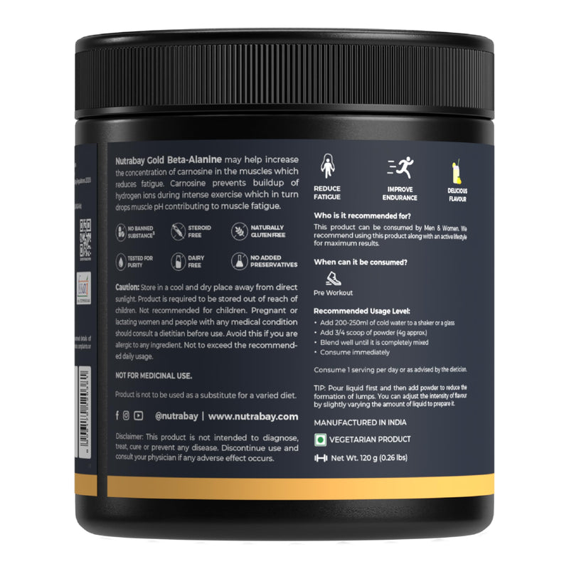 Nutrabay Gold Beta Alanine Supplement Powder - 120g, Lemon Flavor | Pre Workout Amino Acid for Faster Recovery & Endurance