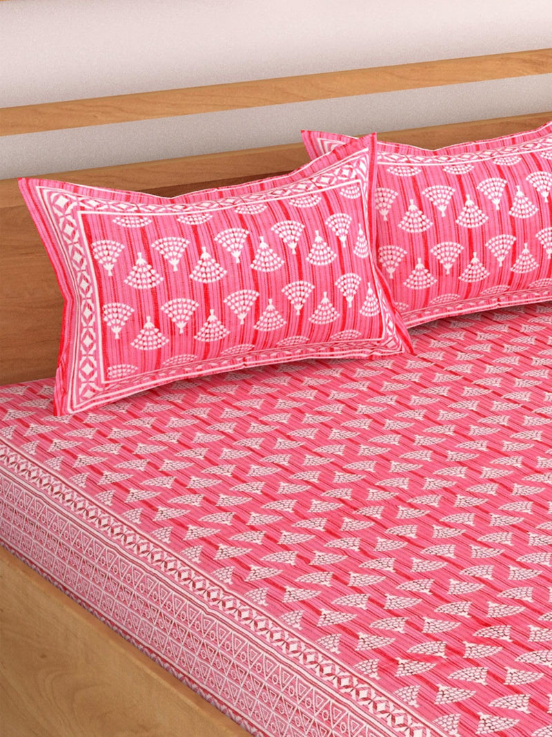 Lali Prints Geometric Block Print King Size Double Bed Jaipur Bedsheet with 2 Pillow Coves (Zip) 100% Cotton - Pink