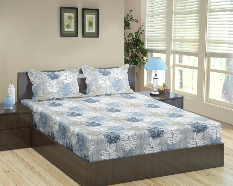 Trance Home Linen 100% Cotton 72"X48" Twin Bed Size Elastic Fitted Bedsheet | Printed Twin Size Bed Elasticated Fitted Bedspread With 2 Pillow Covers (72X48 Inch, Ferns Blue), 180 tc