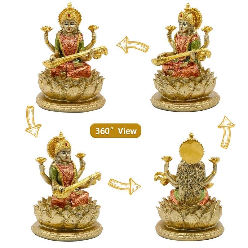 6.3" H Saraswati Sitting on Lotus Figurines in Antique Gold,Hindu God Staute for Meditation Altar Indian Gods and Goddesses,Indian Saraswati Idol for Diwali Gifts/Inidian Home Temple/Mandir