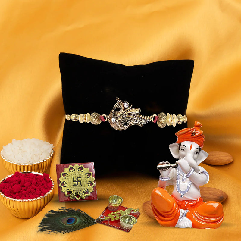 Xtore Rakhi with Ganesha Idol Combo Set | Ganesha Idol Figurine | 1 Ganesha Idol, 1 Rakhi, 1 Swastik, 1 Thali (Pack of 4, Multi)