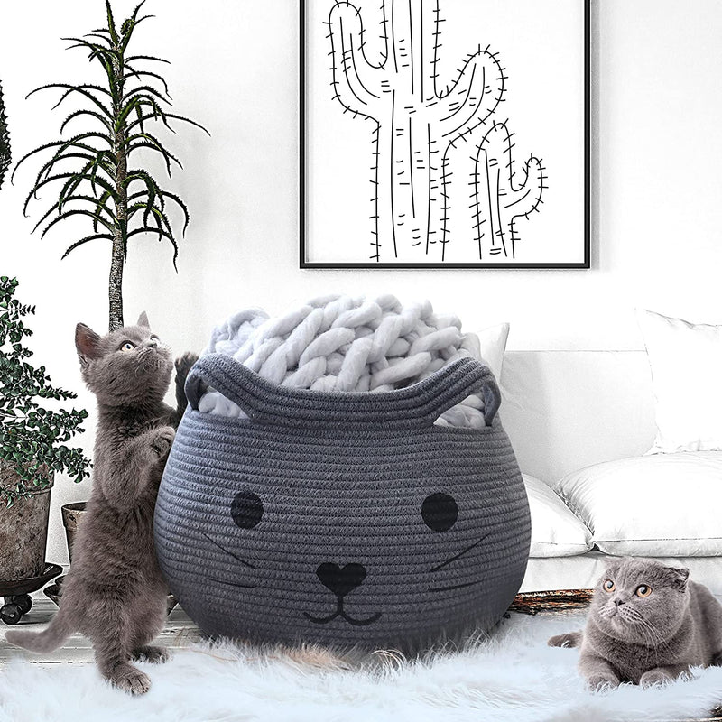 ALBY® Design Cat Toy Basket, Baby Woven Laundry Bag, Round Cat Cute Cotton Rope Basket For Pet, Kids, Blankets, Towels & Storage, Gift Basket Empty- Large 17"D By 12"H - GREY
