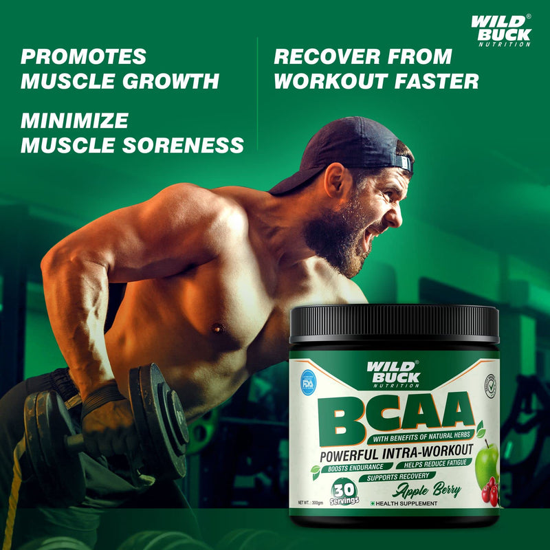 WILD BUCK Bcaa Powder With Natural & Powerful Herbs For Muscle Endurance & Growth, Recovery & Hydration|Pre, Intra & Post Workout Bcaas Supplement For Women & Men [Apple Berry, 30 Servings, 300G]