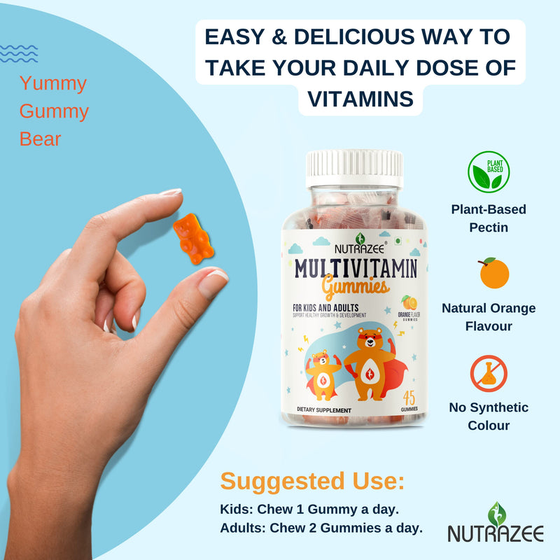 Nutrazee Multivitamin Gummies for Kids, Men & Women, Supplement With Biotin & Essential Vitamins For Healthy Growth, Development & Immunity, 45 Gummy Bears