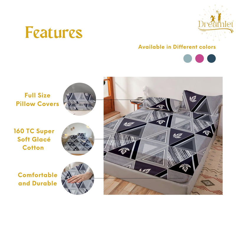 DREAMLET Prime Collections 160TC Pure Cotton Breathable Supersoft Wrinkelfree Double Flat Bedsheet with 2 Pillow Covers (Grey)