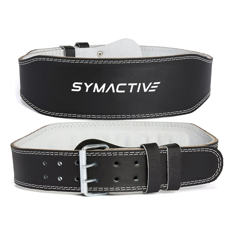 Amazon Brand - Symactive Weight Lifting Leather Gym Belt - Large | Padded Back Support (Black)