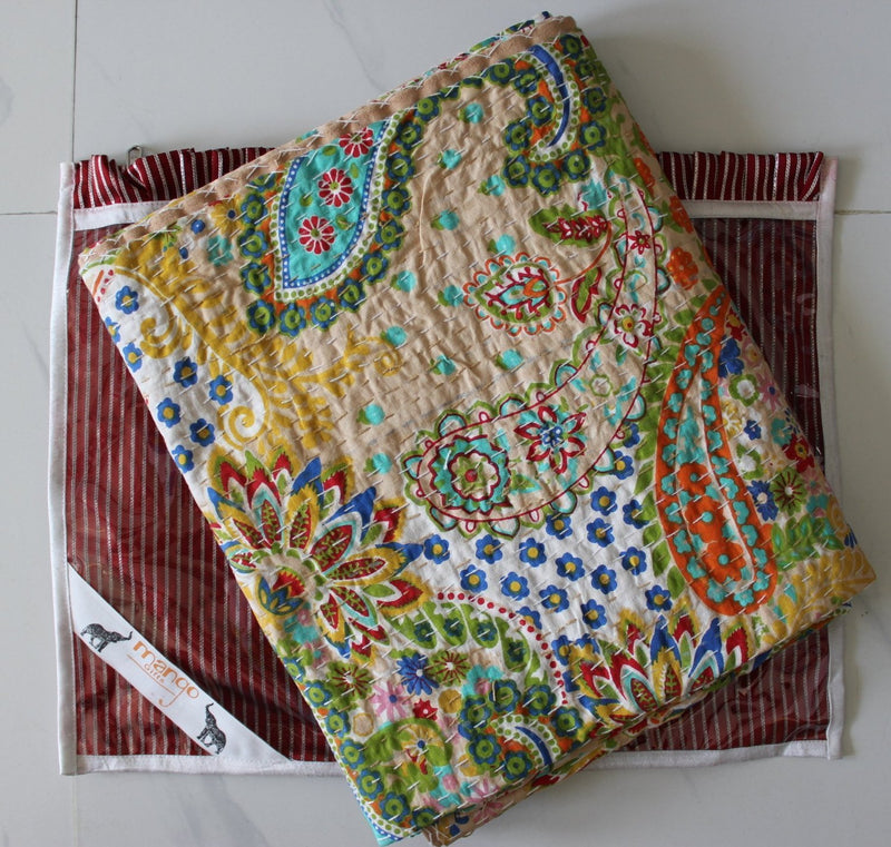 Mango Gifts Pure Cotton Kantha Style Bed Spread Indian Gudri Bed Cover Queen Size by Mango Gifts