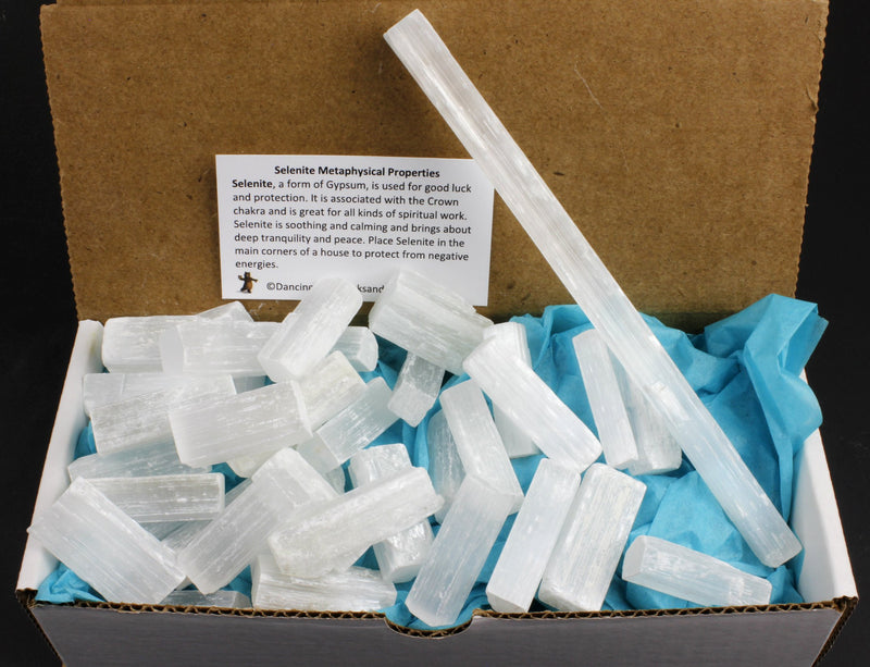 Dancing Bear Selenite Sticks Wands Bulk (35-40 pcs) 1.5-2 inch L X .25-.5" W Each, Bonus: Free 8" Selenite Stick & ID Card, Reiki, Chakra, Healing, Protection Grids, Good Luck, Positive Energy