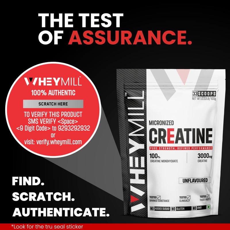 WHEYMILL Micronised Creatine Monohydrate | Lab Tested | Rapid Absorption | Fast Recovery | 100Gm, 33 Servings | Unflavoured, Powder