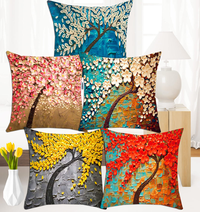 CIDIZY Jute Floral Tree Cushion Covers, 16 x 16 Inch, Multicolour, Set of 5