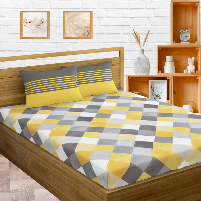 LORETO – A QUALITY LINEN BRAND 144 TC 100% Cotton Bedsheet for Double Bed with 2 Pillow Covers - Yellow & Grey, Checkered