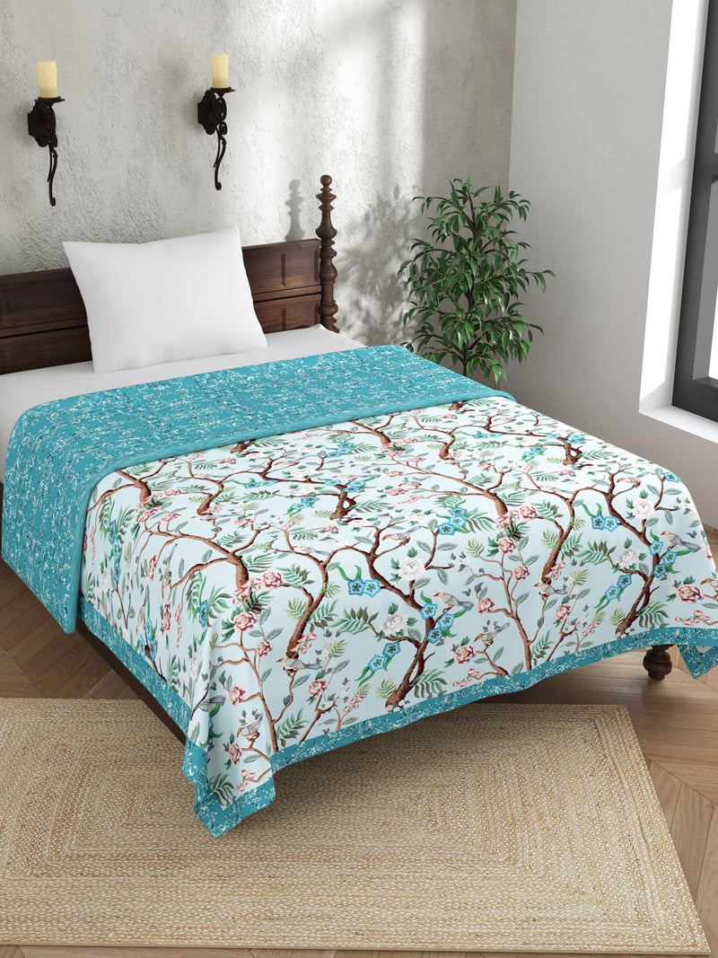 EVER HOME Digital Print Reversible AC Dohar Single Bed Cotton for Summer 120 GSM, Mild Winter Blanket, Blue Floral 59 x 88 inches