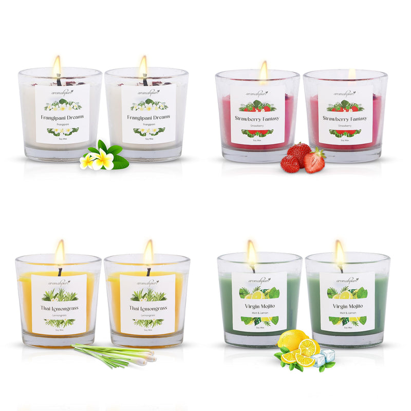 Aromahpure Scented Candle (120 Hours) | Strawberry, Frangipani, Lemongrass, Mint & Lemon Scented Candle | 100% Soy wax, Smokeless Candle | Pack of 8 | Long Lasting Aroma Candles| Scented Candles For Home Décor