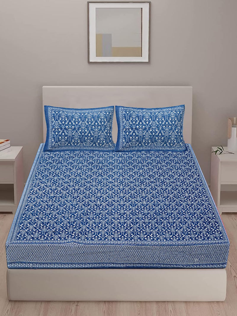 Goodadi Pure 100% Cotton Bedsheet with 2 Pillow Covers, Size - Double King Size Bedsheet 100x108 Inch, Pillow Covers - 18x28 inch, Sanganri Bagru Print (Blue 313)