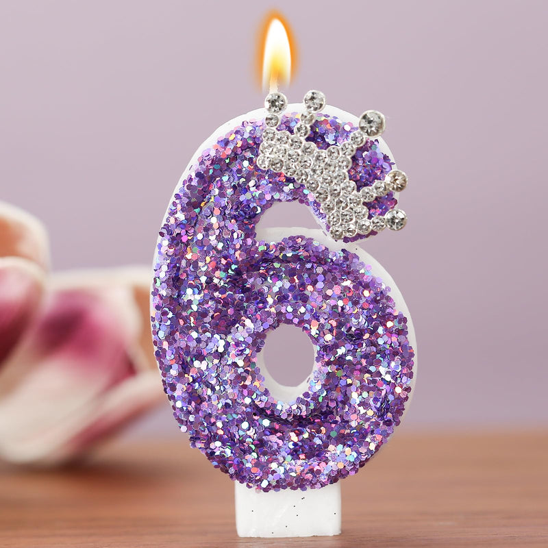 Birthday Number Candles,Purple Crown Birthday Candles for Cake,Glitter Number 1 Candle Cake Topper with Sequins for Anniversary Celebrations Supplies (Number 6)