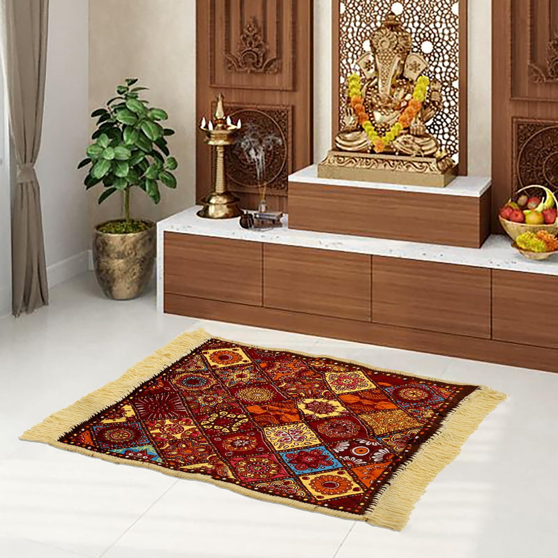 Kuber Industries Prayer Mat | Velvet Aasan Mat | Meditation Prayer Carpet Mat | Pooja Aasan Mat | Rangoli Square Prayer Mat | Traditional Prayer Mat | Small | Multicolor, 62 Centimeters