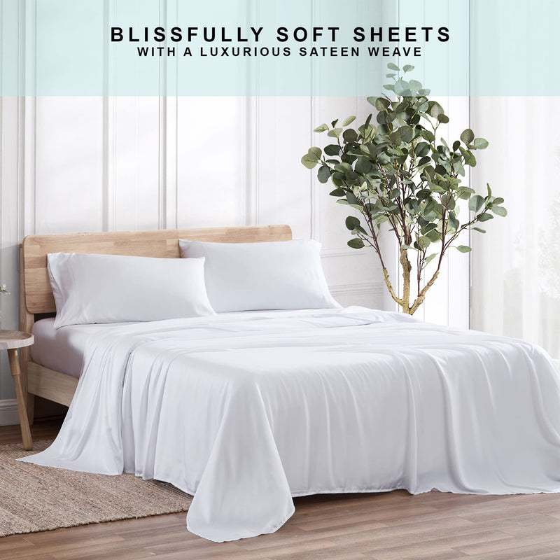 Ethos Natura 100% Eucalyptus Certified Tencel Lyocell Sateen Sheet Set, 400 Thread Count, Silky Smooth Cooling Sheets for All-Season, Sustainably Made, Moisture-Wicking, Hypoallergenic - Queen, White