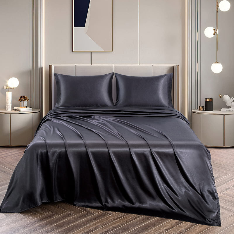 Vonty Satin Sheets Queen Size Silky Soft Satin Bed Sheets Black Satin Sheet Set, 1 Deep Pocket Fitted Sheet + 1 Flat Sheet + 2 Pillowcases