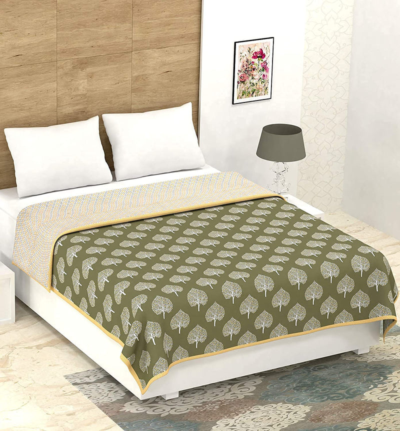 Curious Lifestyle Reversible Lightweight Printed Double Bed AC Dohar Blanket /Quilt|All Weather Light Weight|Size-90x100 inch, Olive Green, Pack of 1