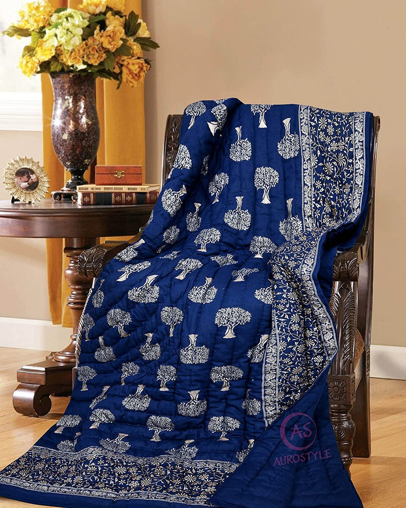 FEELRAX Jaipuri Razai Rajsthani Traditional Hand Stitched Blanket 100% Pure Cotton Blue Silver Gold Printed Bedding Quilt Soft Lightweight Winter and Summer Jaipuri Quilt (Single Bed, 55X85 Inches)