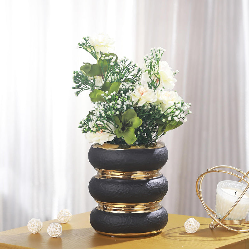 TIED RIBBONS Round Ceramic Vase (Black, 19 cm x 13.5 cm) for Home Decor Flowers Plants Living Room Bedroom Centrepiece Office Table Decoration Items