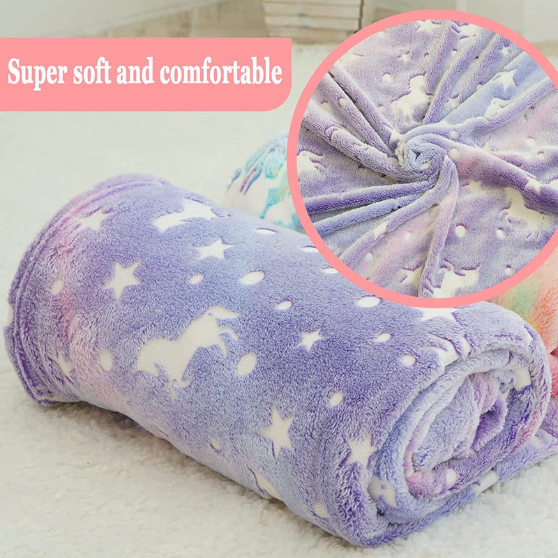 Happy Hues® Glow in The Dark Blanket Unicorn-70 x 60 inch/ 180 cm x 152cm Bedroom Décor for Toddler- Kids-Teens Boys & Girls Travel Lightweight Throw Blankets Soft & Fluffy-Purple, Polyester