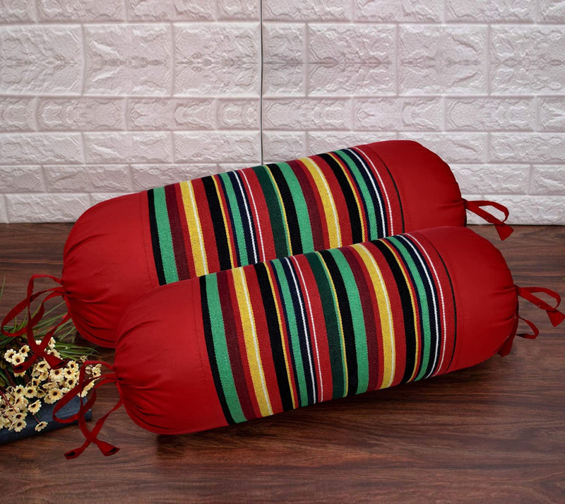 SAJAVAT HOME Pure Cotton Stripe Printed Bolster Pillow Cover | 15X30 Inches / 38X76 Cms | Barn Red (Pack Of 1), 500 TC