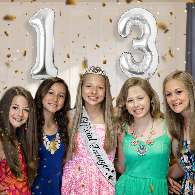 13th Birthday Decorations for Girls with Official Teenager Sash and Crown, 13th Birthday Cake Topper and Number 13 Candles, 13th Birthday Balloons, Silver Sweet 13 Birthday Gifts